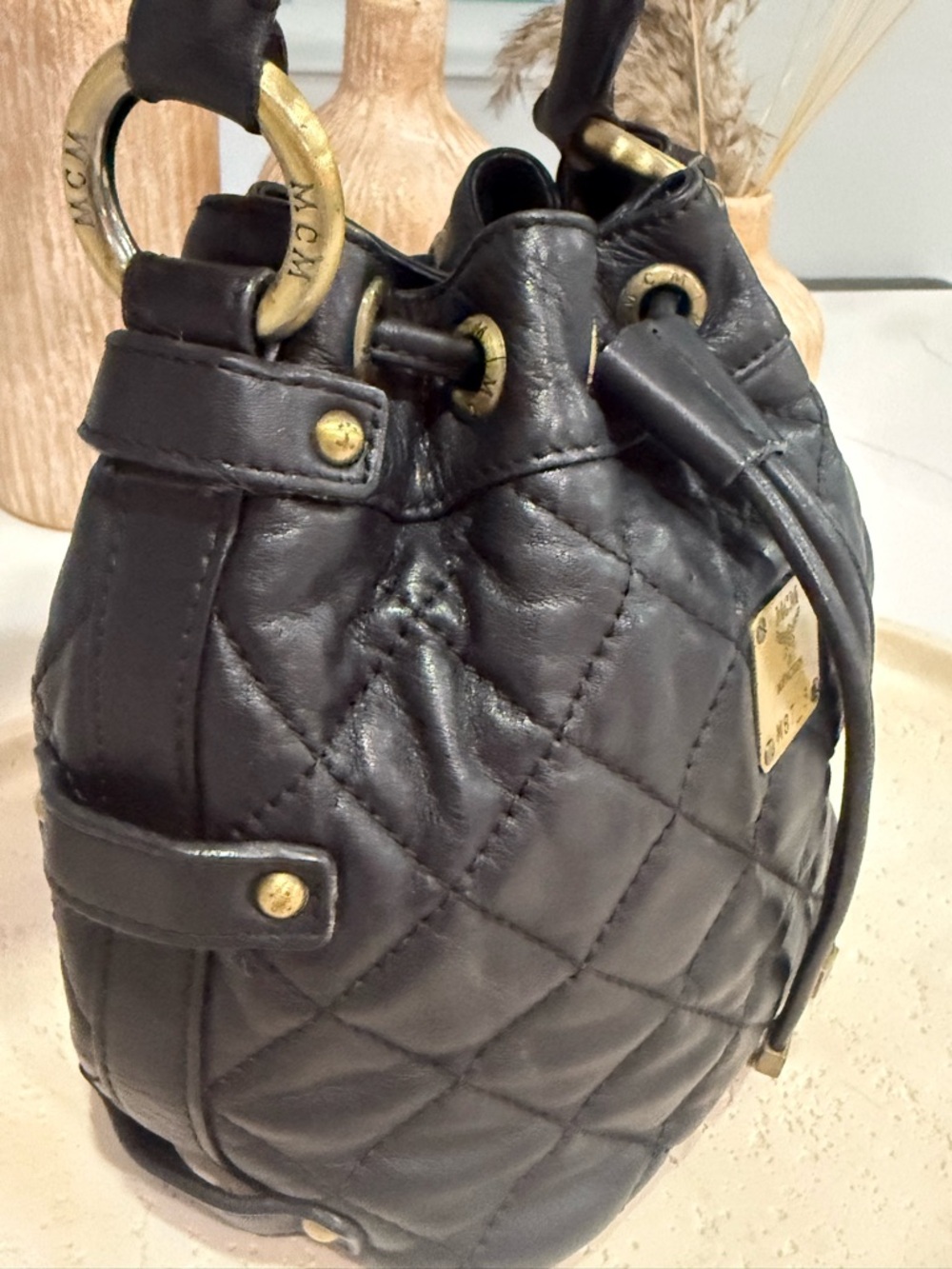 MCM Vintage black Quilted Leather Drawstring Bucket Bag - Authentic w/ COA - Picture 16 of 16